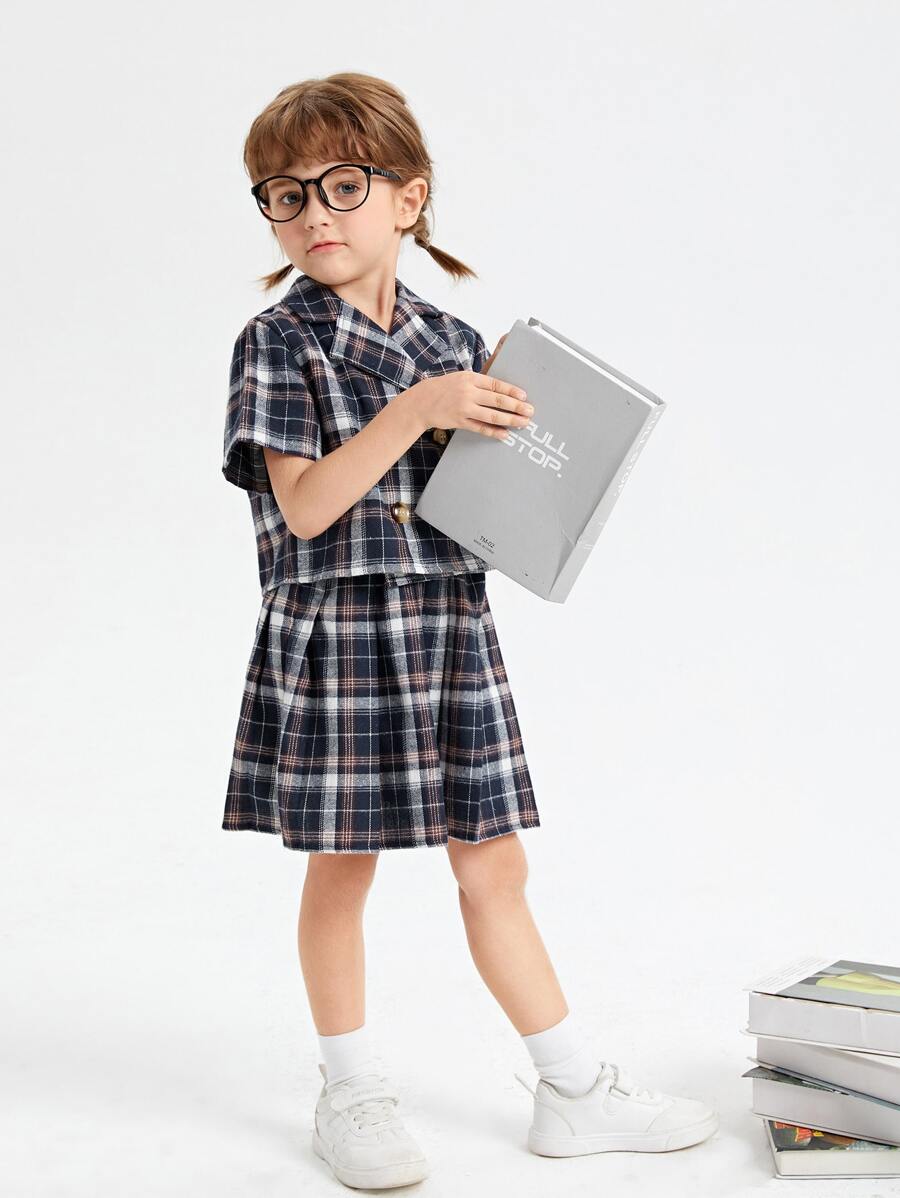 SHEIN 小女童格紋印花西裝領上衣和半身裙 - 彩色 - 查看 1