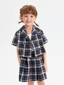 SHEIN 小女童格紋印花西裝領上衣和半身裙 - 彩色 - 查看 3