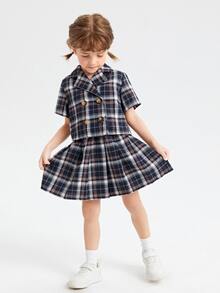 SHEIN 小女童格紋印花西裝領上衣和半身裙 - 彩色 - 查看 4