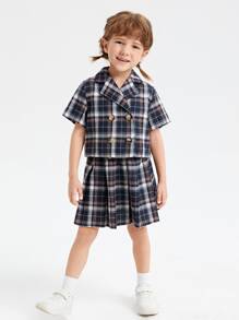 SHEIN 小女童格紋印花西裝領上衣和半身裙 - 彩色 - 查看 5
