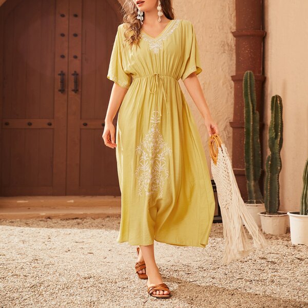 

Plant Embroidery Batwing Sleeve Knot Front Dress, Mustard yellow