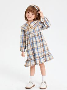 SHEIN 小女童格紋印花娃娃領荷葉邊洋裝