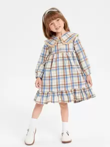 SHEIN 小女童格紋印花娃娃領荷葉邊洋裝