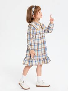 SHEIN 小女童格紋印花娃娃領荷葉邊洋裝