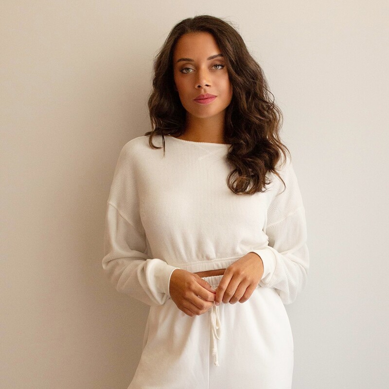 

Drop Shoulder Waffle Knit Pullover, White