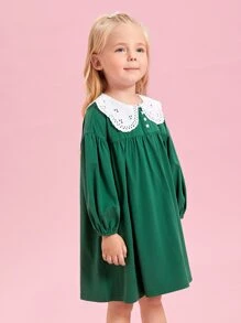 SHEIN 小女童娃娃領落肩袖洋裝 - 綠色 - 查看 3