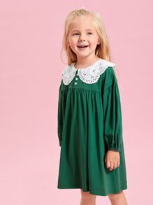 SHEIN 小女童娃娃領落肩袖洋裝 - 綠色 - 查看 4