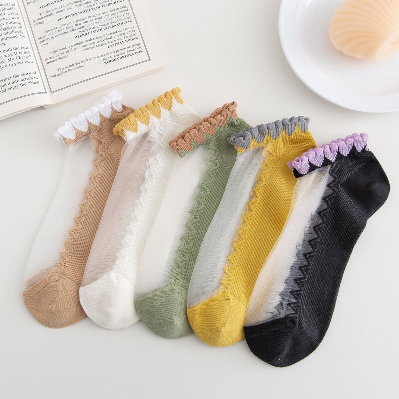 

5pairs Contrast Mesh Ankle Socks, White