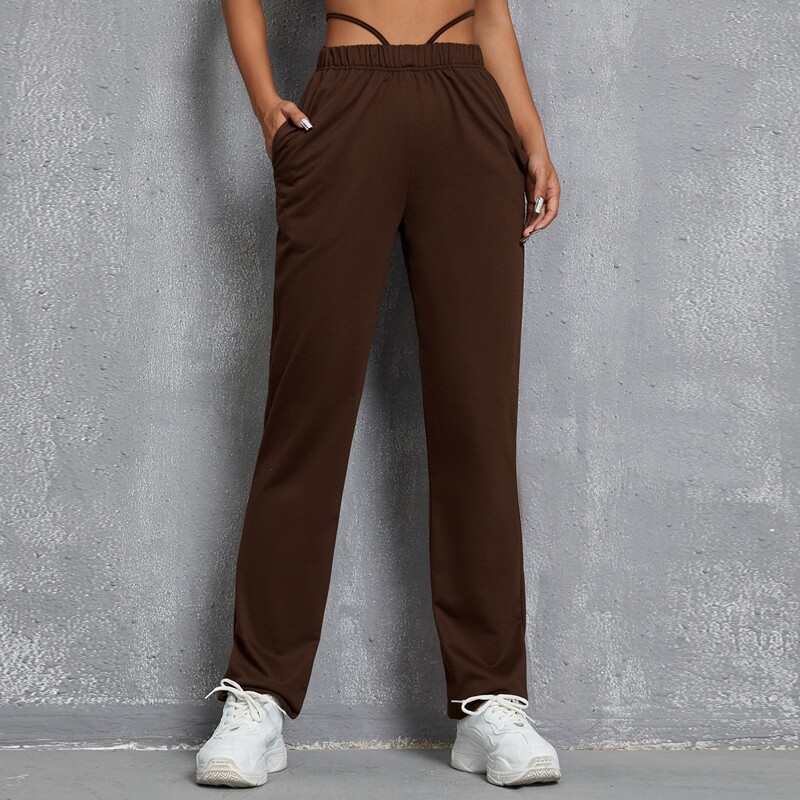 

Tie Back Solid Sports Pants, Chocolate brown