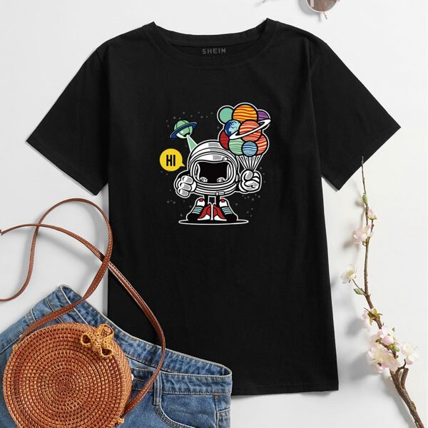 

Cartoon Graphic Round Neck Tee, Black