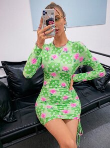 Allover Floral Print Drawstring Ruched Bodycon Dress - Multicolor - View 1