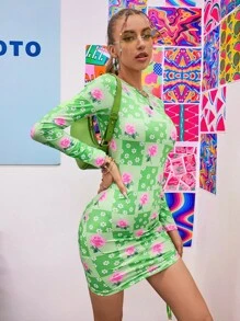 Allover Floral Print Drawstring Ruched Bodycon Dress - Multicolor - View 6