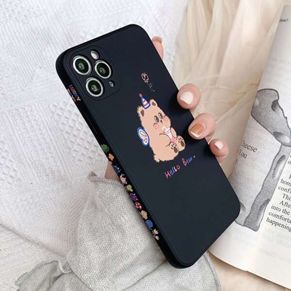 

Cartoon Bear Print iPhone Case, Black