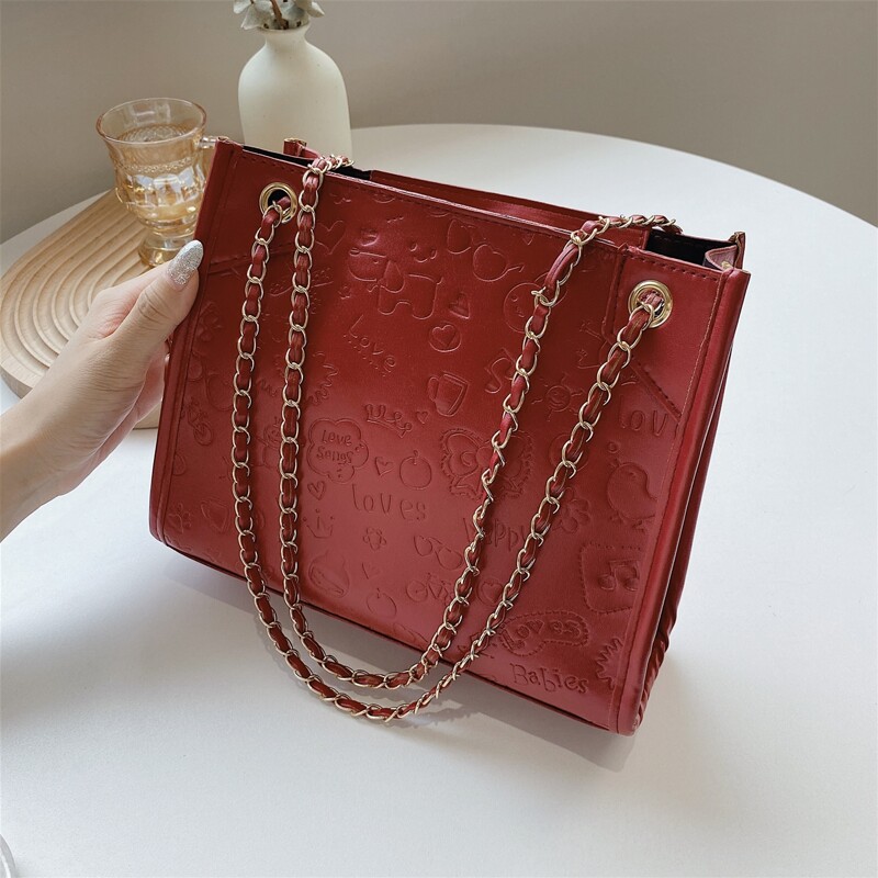 

Cartoon Embossed Double Handle Shoulder Bag, Red