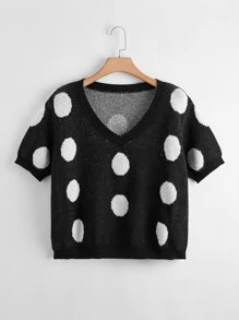大碼波點圖案針織上衣 - 黑色 - 查看 1