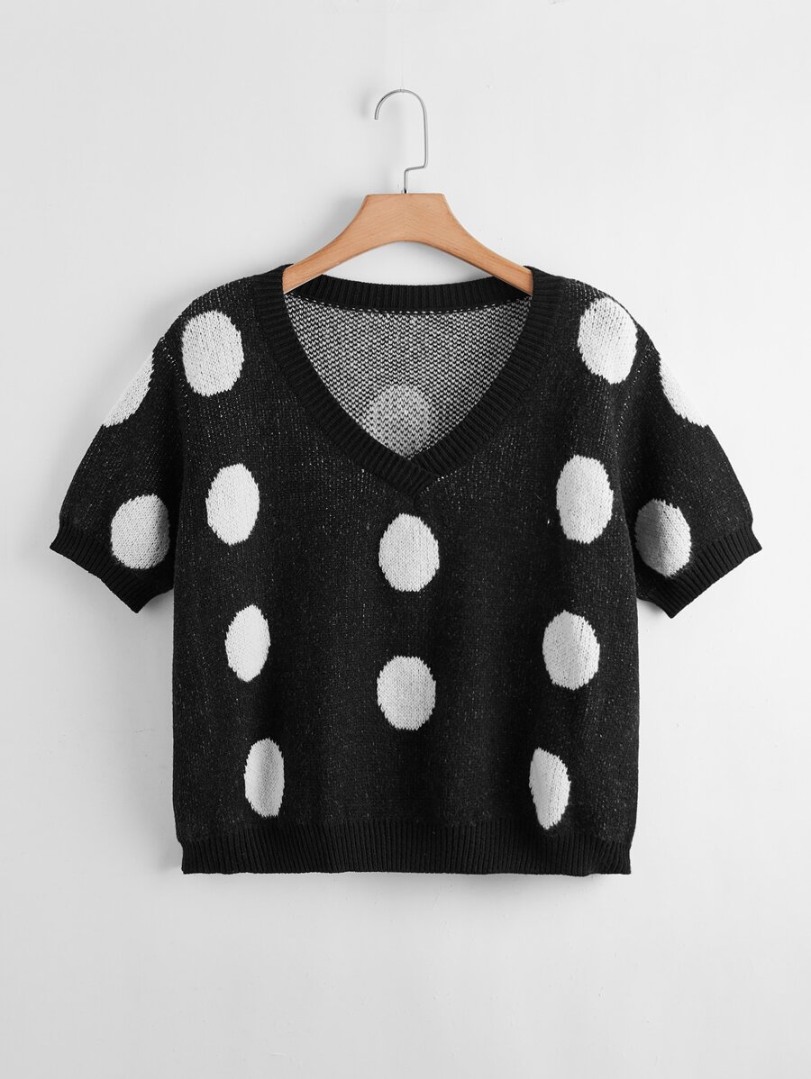 大碼波點圖案針織上衣 - 黑色 - 查看 1