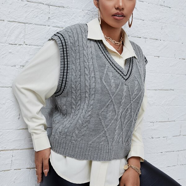 

Plus Striped Pattern Cable Knit Sweater Vest, Grey