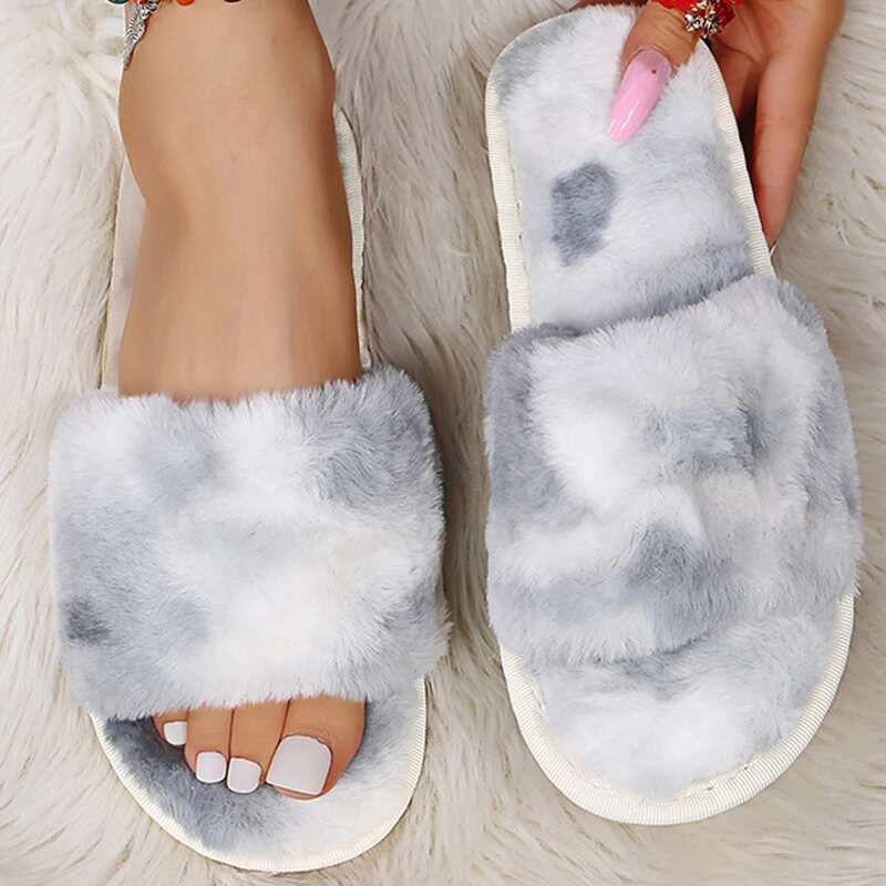 

Fluffy Open Toe Slippers, Grey