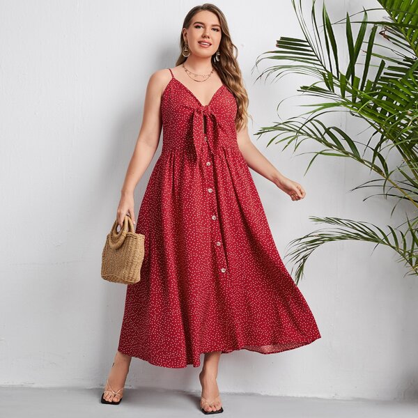 

Plus Polka Dot Tie Front Cami Dress, Red