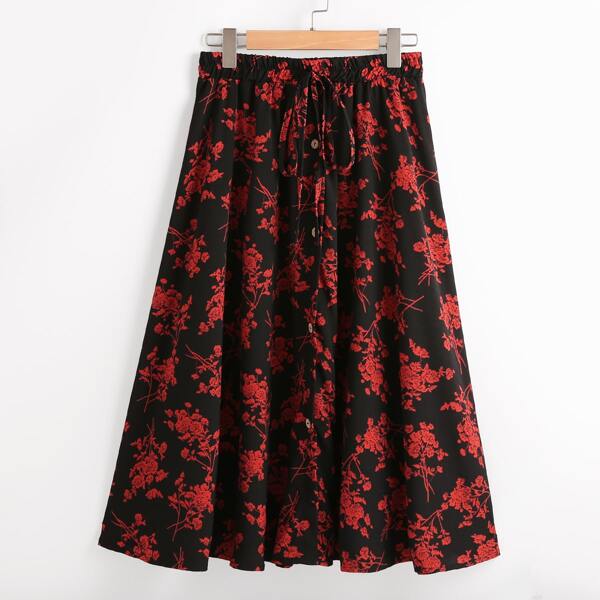

Plus Allover Floral Button Front Flared Skirt, Red