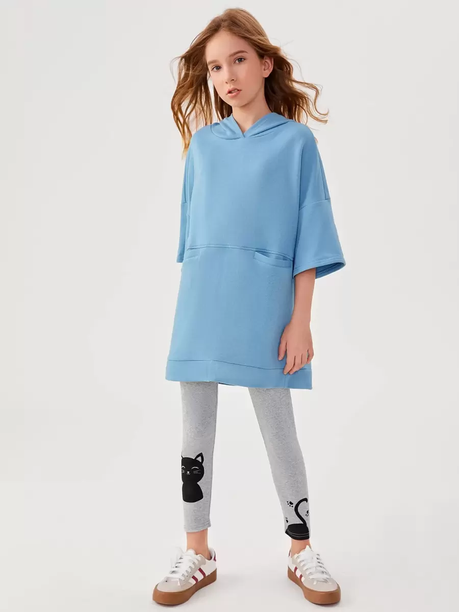 SHEIN 女孩落肩袖口袋細節連帽衫