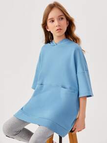SHEIN 女孩落肩袖口袋細節連帽衫