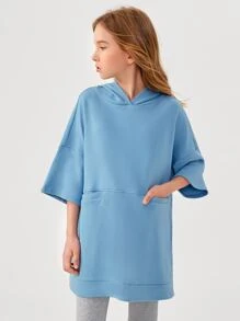 SHEIN 女孩落肩袖口袋細節連帽衫