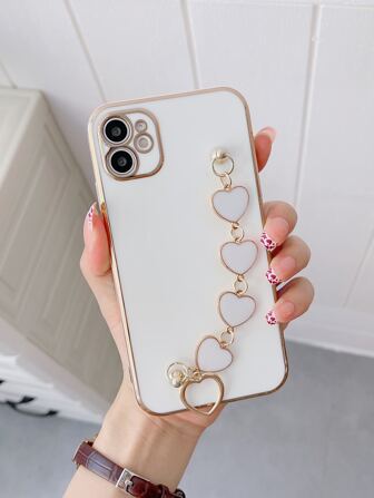 帶愛心裝飾手繩素色手機殼