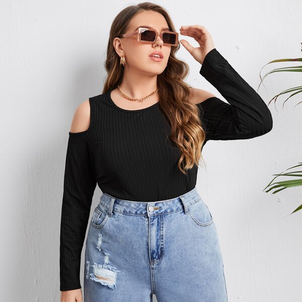 

Plus Cold Shoulder Rib Knit Tee, Black