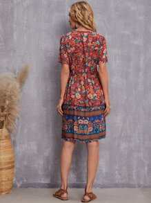 印花V領荷葉邊連衣裙