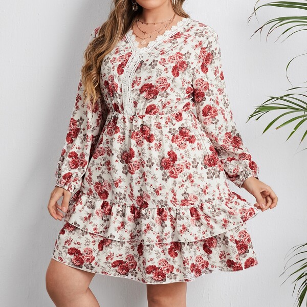 

Plus Floral Print Guipure Lace Trim Layered Ruffle Hem Dress, Multicolor