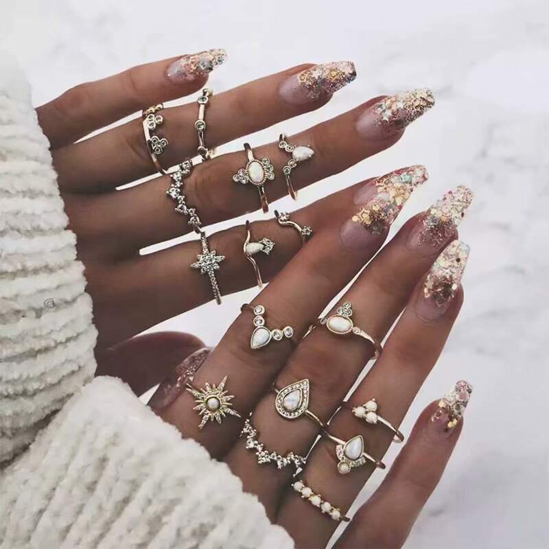 

16pcs Rhinestone Decor Ring, Gold