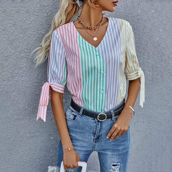 

Colorblock Striped Print Knot Cuff Blouse, Multicolor