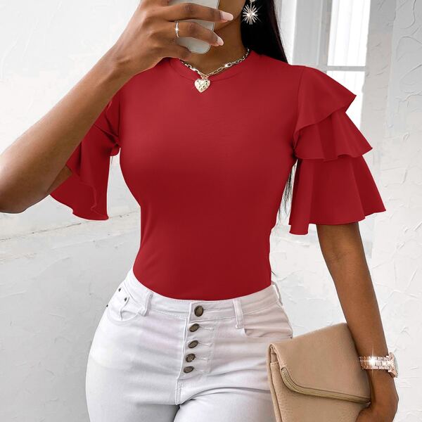 

Layered Sleeve Solid Tee, Red