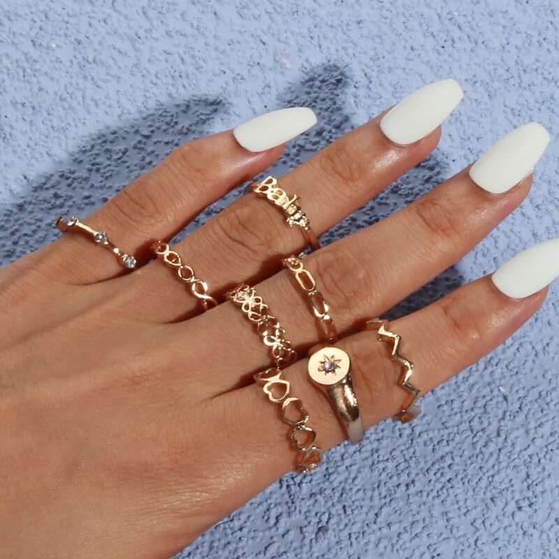 

8pcs Letter & Heart Design Ring, Gold