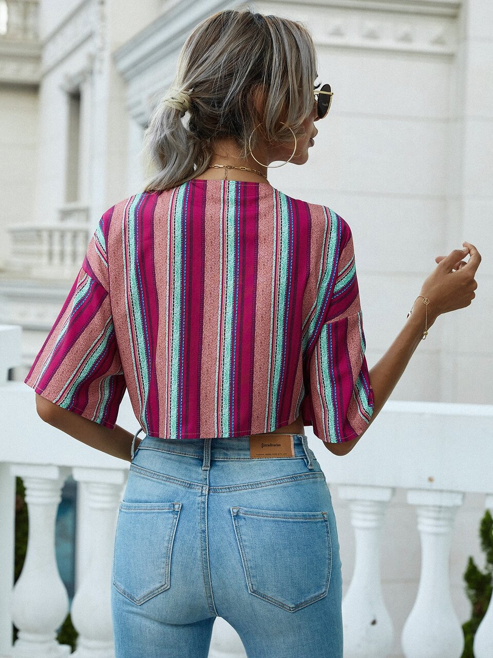 Drop Shoulder Tie Front Striped Top