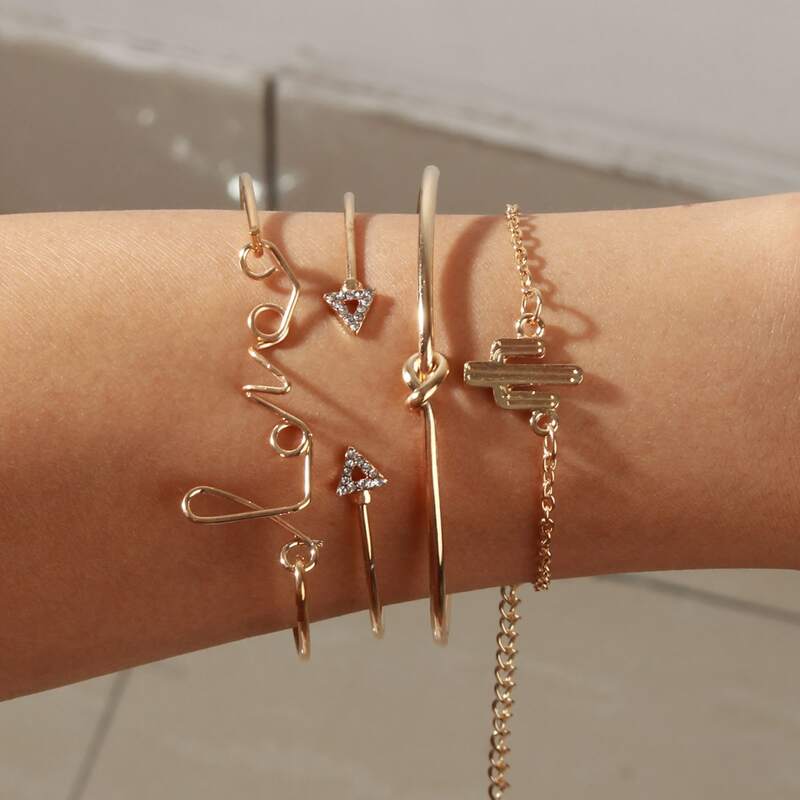 

4pcs Cactus & Letter Bracelet, Gold