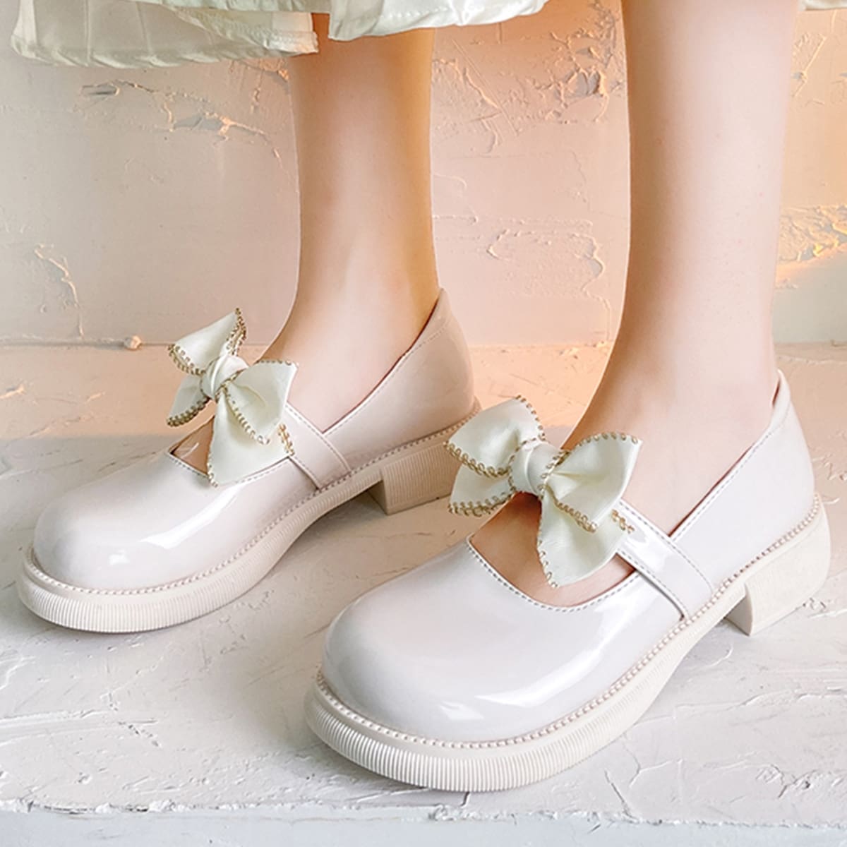 

Bow Decor Mary Jane Flats, Beige
