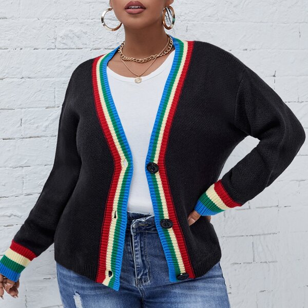 

Plus Contrast Trim Drop Shoulder Cardigan, Navy blue
