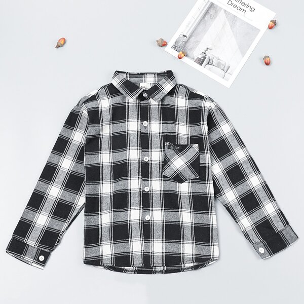

Boys Plaid Print Pocket Front Shirt, Black and white