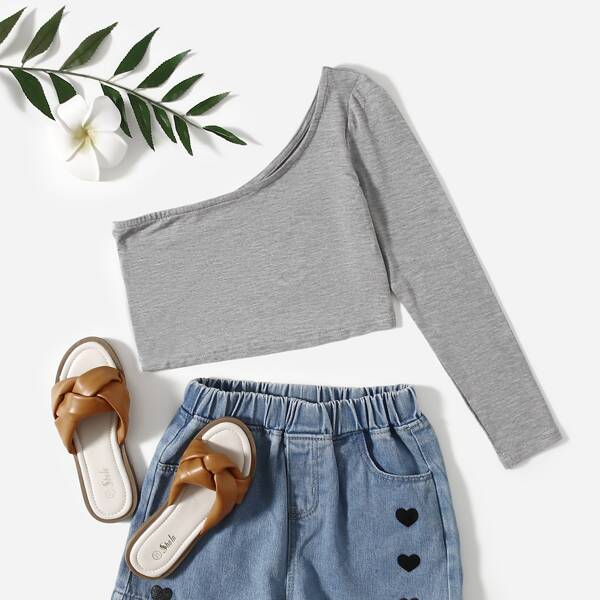 

Girls One-Shoulder Crop Top, Light grey