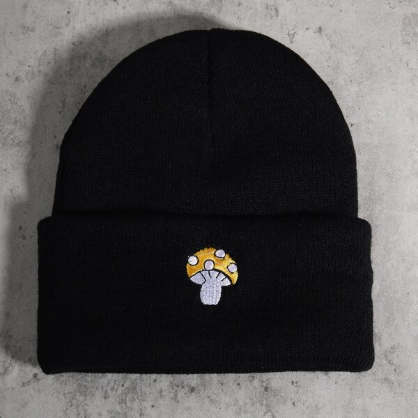 

Mushroom Embroidery Beanie, Black