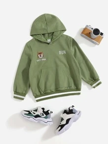 SHEIN Áo nỉ cho bé trai, thêu chữ và hình chó, viền tương phản. - xanh quân đội - Xem 1