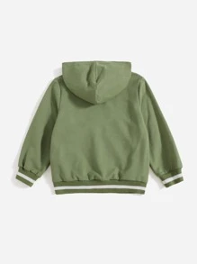 SHEIN Áo nỉ cho bé trai, thêu chữ và hình chó, viền tương phản. - xanh quân đội - Xem 2