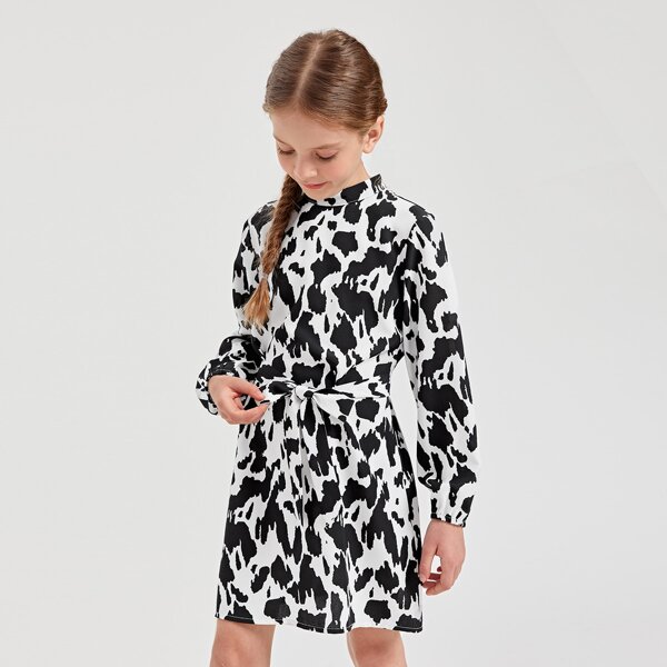 

Girls Allover Print Mock Neck Belted Dress, Black and white