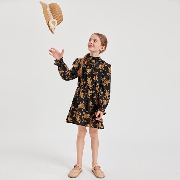 

Girls Mock Neck Floral Print Flounce Sleeve Dress, Black