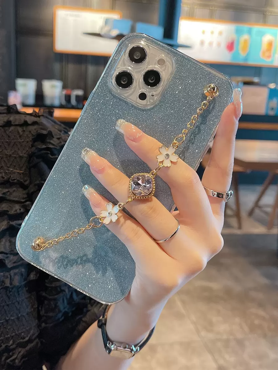 Tpu Glitter Rhinestone Hand Strap Phone Case Compatible With Iphone 15/15 Pro/15 Pro Max - Blue - View 1