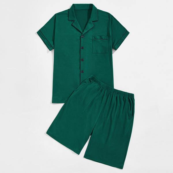 

Men Lapel Collar Button Front PJ Set, Dark green
