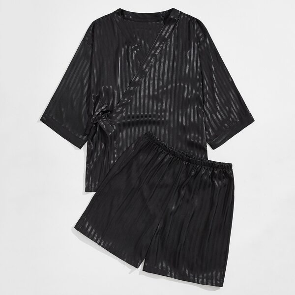 

Men Knot Wrap Top With Shorts PJ Set, Black