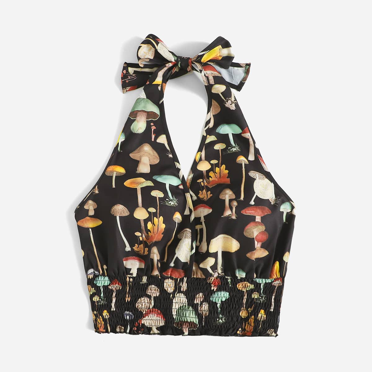 

Mushroom Graphic Shirred Halter Top, Multicolor